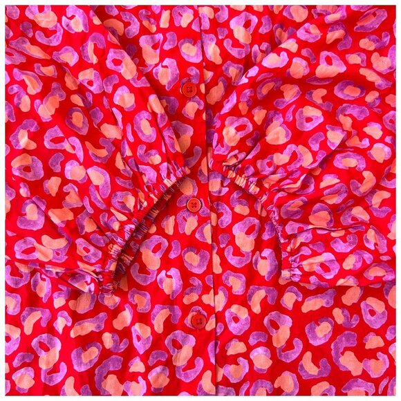 Tucker Silk Blend Coral Hugs & Kisses Smocked Boho Print Blouse L Designer - Picture 4 of 8